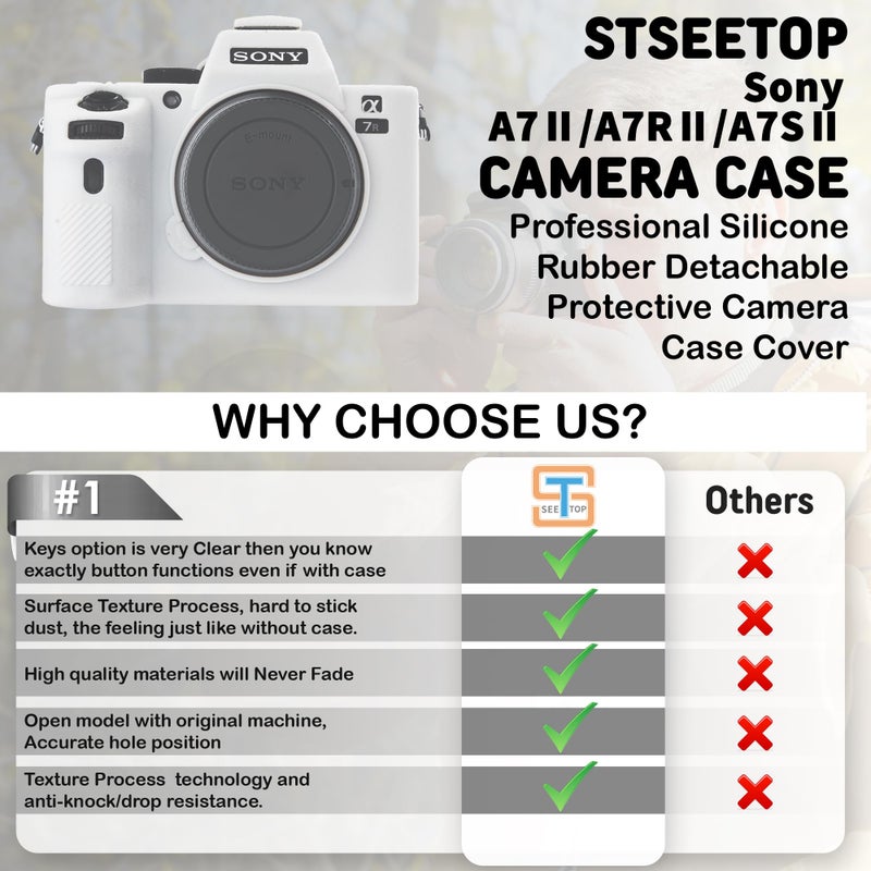 STSEETOP Camera Case for A7II/ A7RII / A7SII / A7MII - Protective Silicone DSLR Skin Cover, Detachable Cage, Shockproof, Dustproof (White) - Image 5